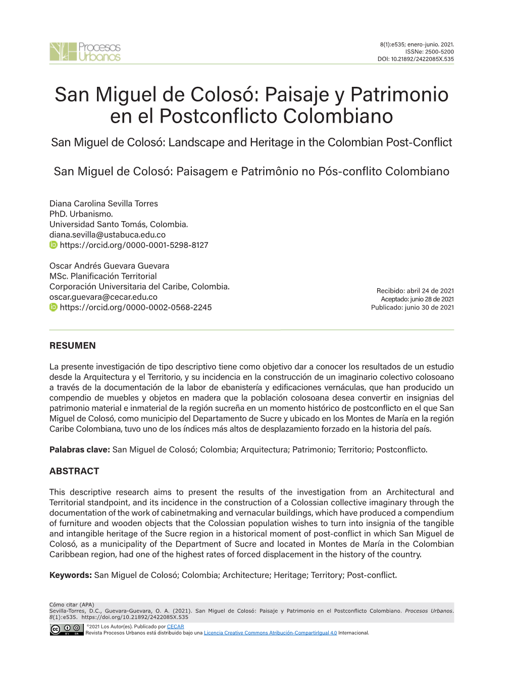 San Miguel De Colosó: Paisaje Y Patrimonio En El Postconflicto Colombiano San Miguel De Colosó: Landscape and Heritage in the Colombian Post-Conflict