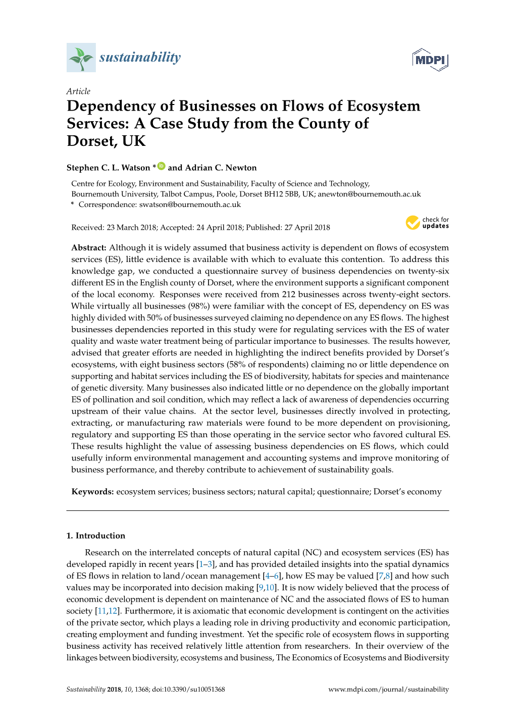 Dependency of Businesses on Flows of Ecosystem Services: a Case Study from the County of Dorset, UK