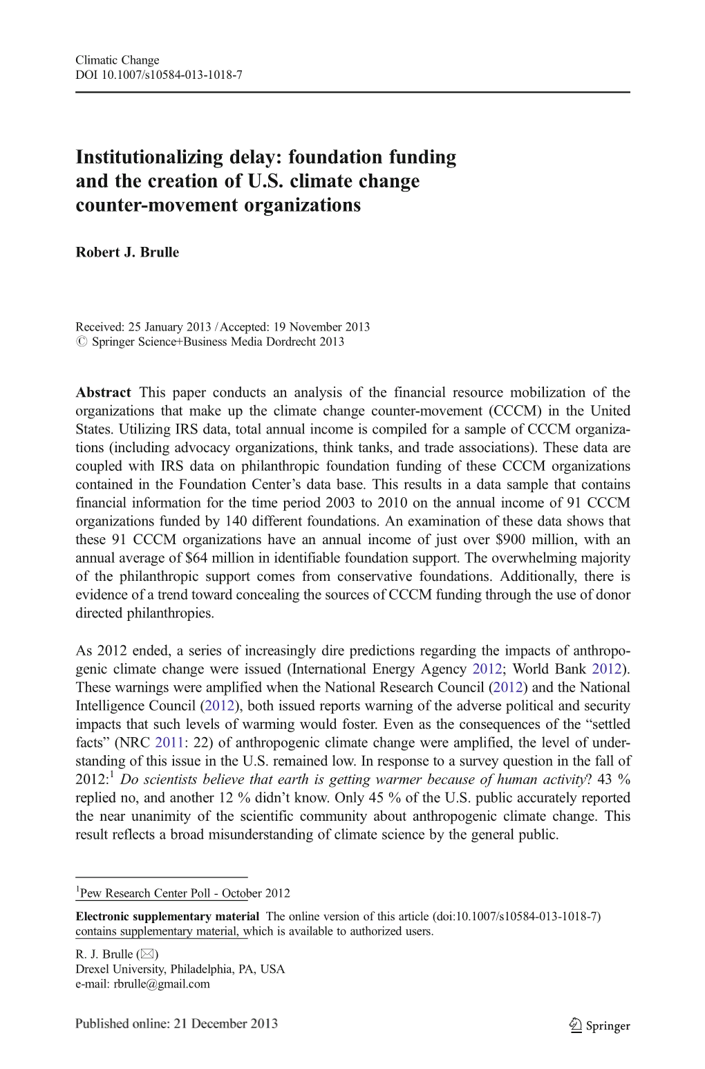 Foundation Funding and the Creation of U.S. Climate Change Counter-Movement Organizations