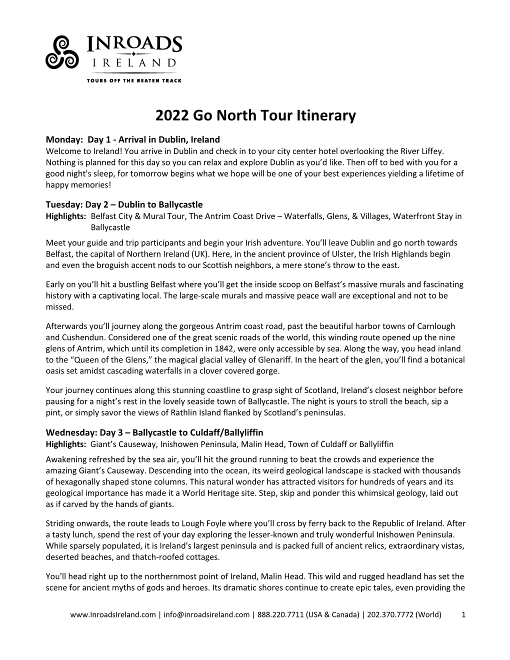 2022 Go North Tour Itinerary