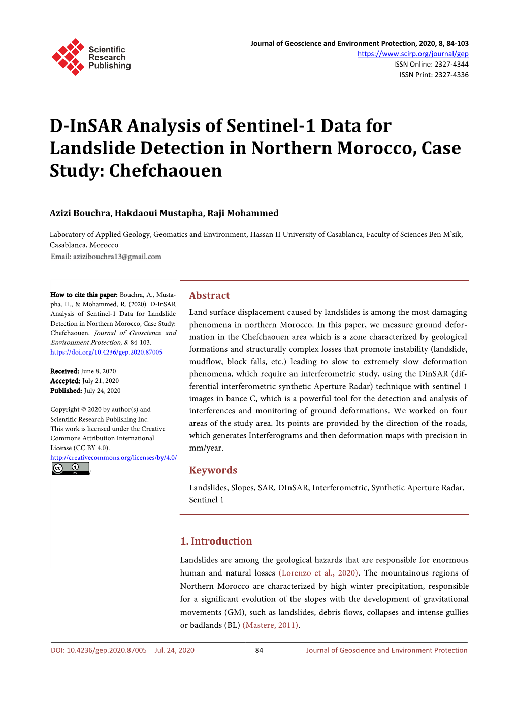 D-Insar Analysis of Sentinel-1 Data for Landslide Detection in Northern Morocco, Case Study: Chefchaouen