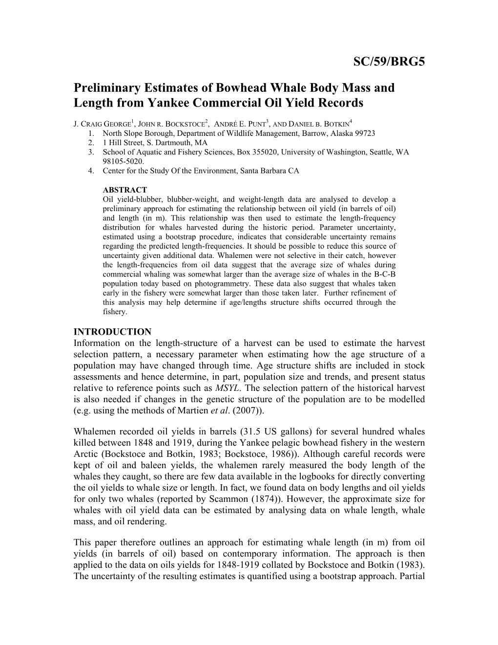 SC/59/BRG5 Preliminary Estimates of Bowhead Whale Body Mass and Length from Yankee Commercial Oil Yield Records