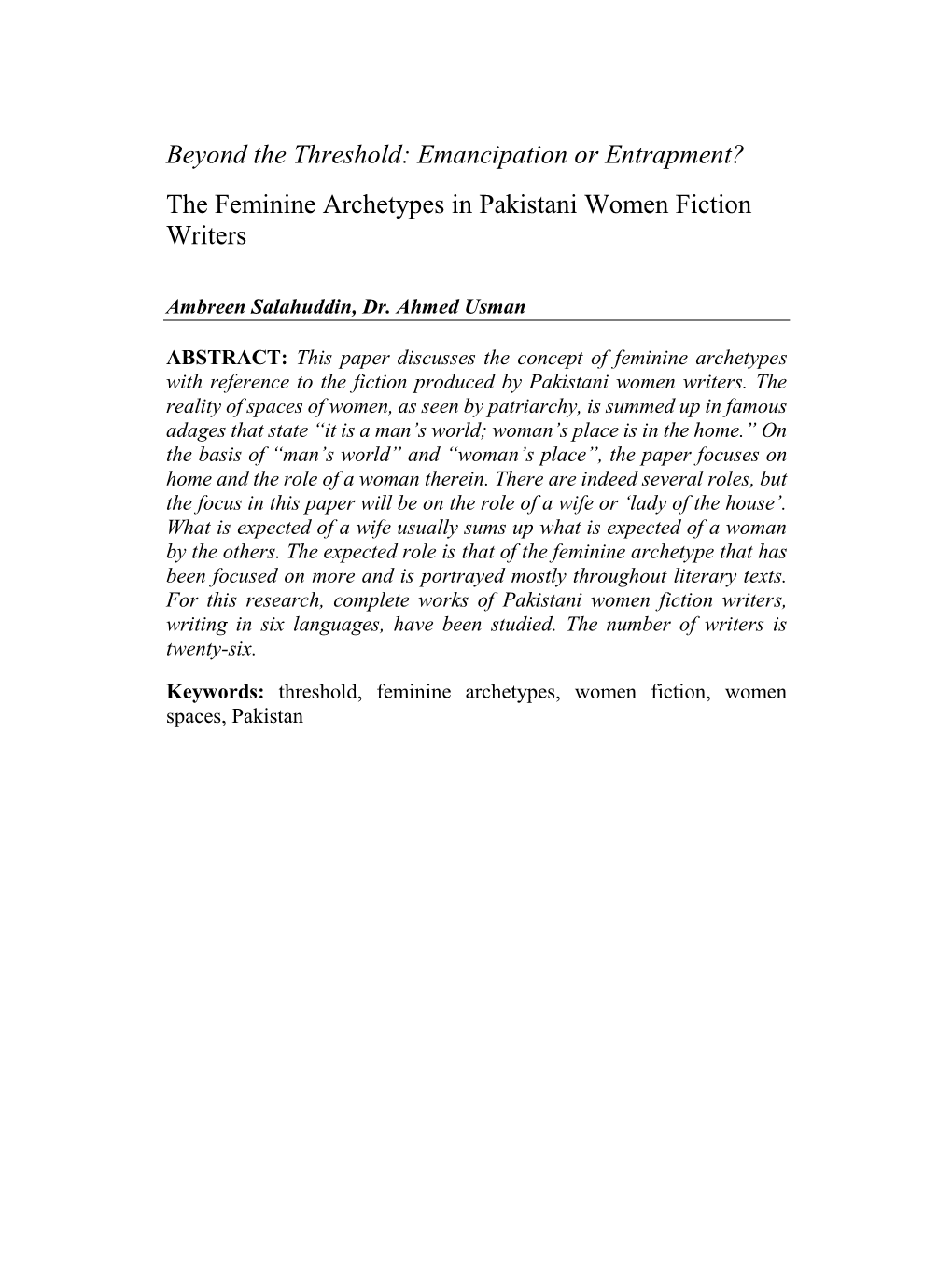 The Feminine Archetypes in Pakistani Women Fiction Writers