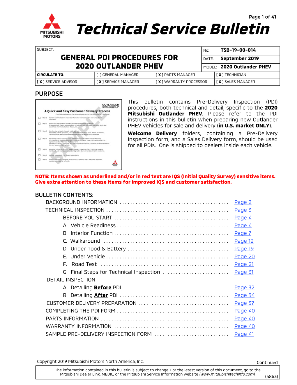 General Pdi Procedures for 2020 Outlander Phev