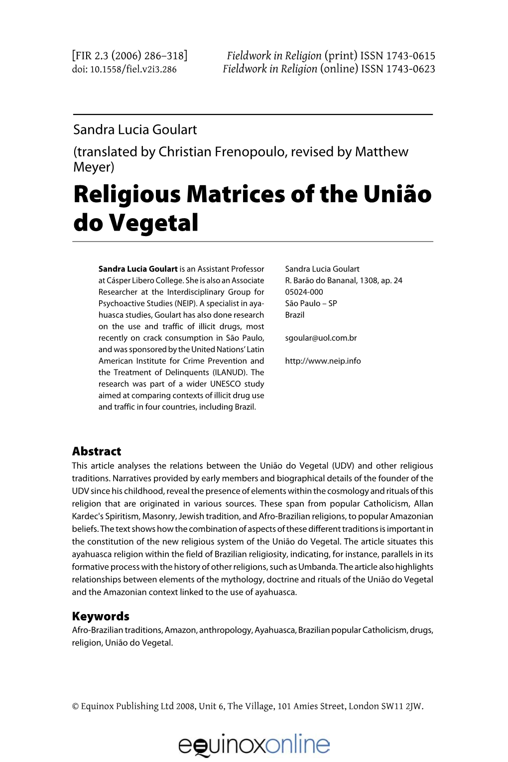 Religious Matrices of the União Do Vegetal