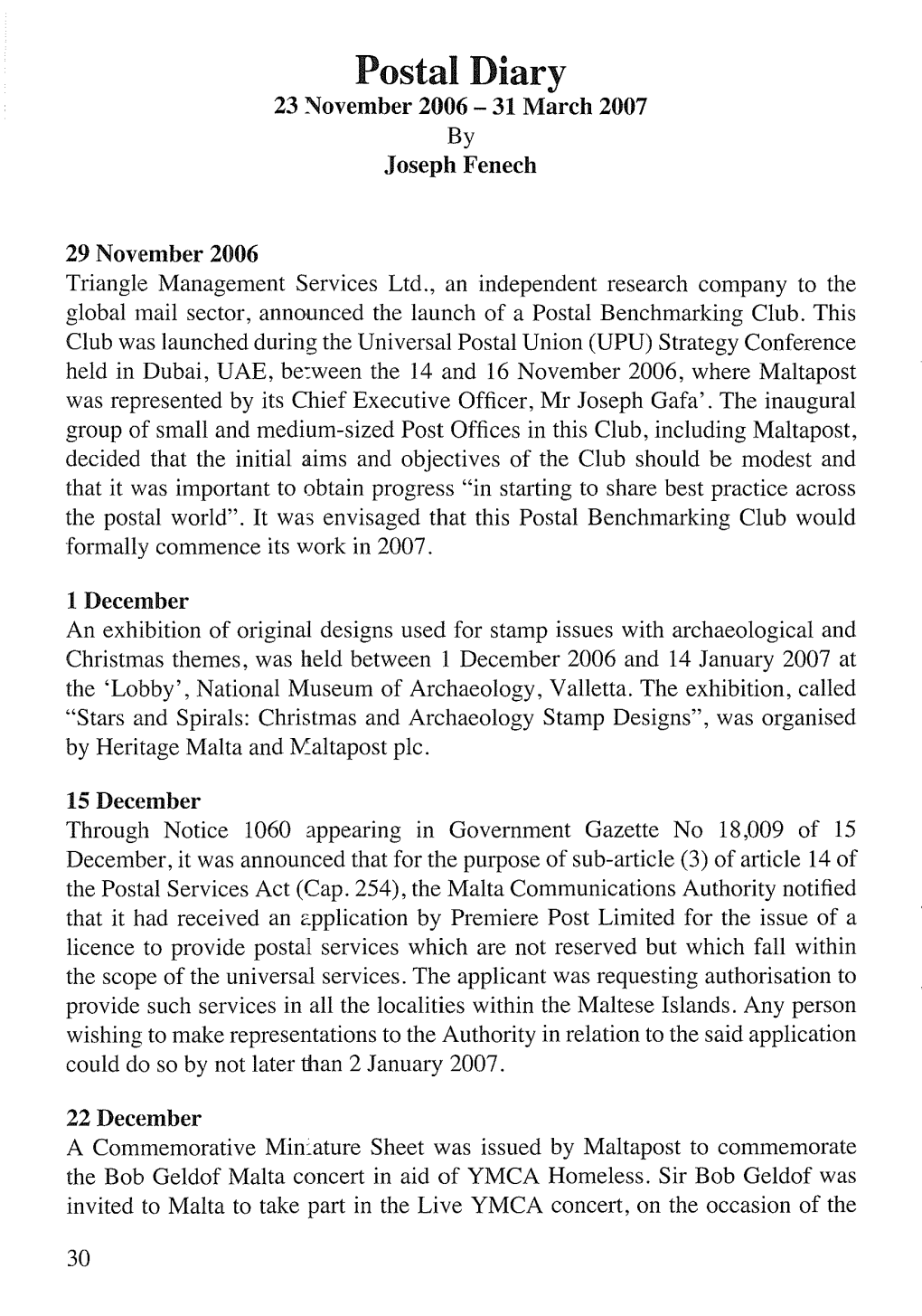 Postal Diary 23 ~Ovember 2006- 31 March 2007 by Joseph Fenech