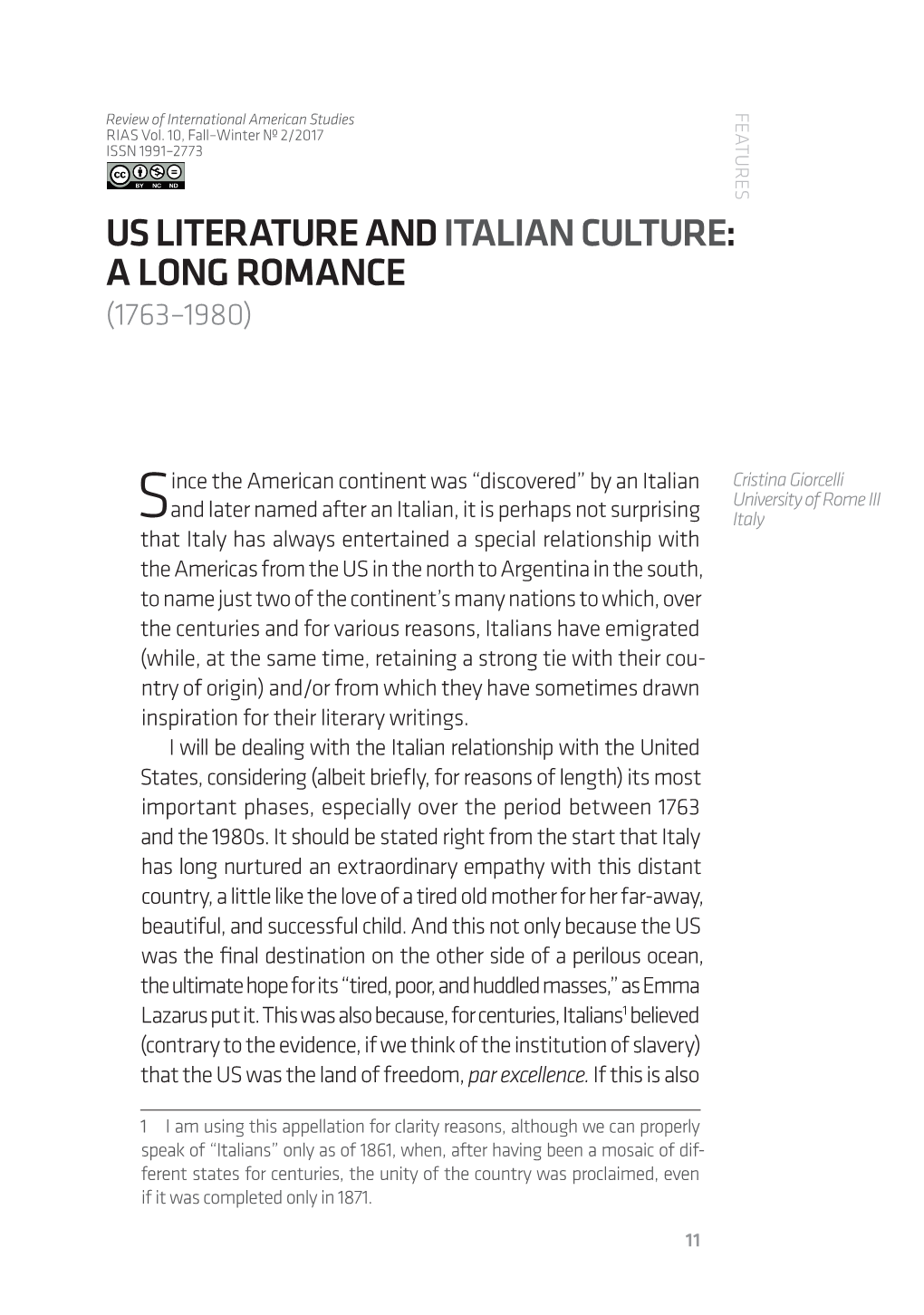Us Literature and Italian Culture: a Long Romance (1763–1980)