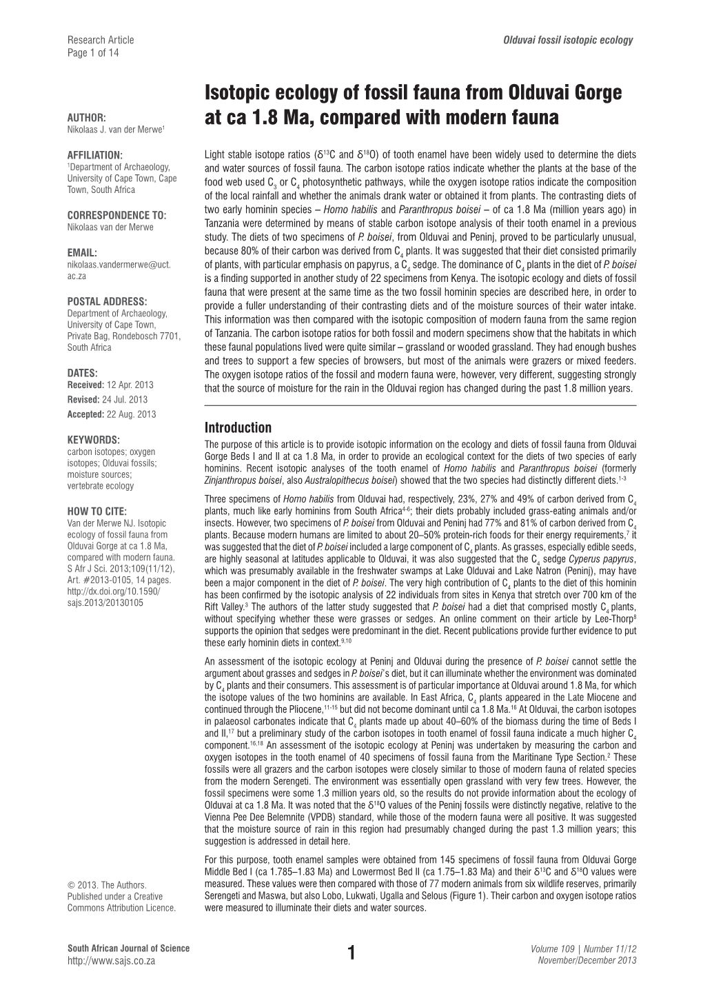 Isotopic Ecology of Fossil Fauna from Olduvai Gorge at Ca 1.8 Ma, Compared with Modern Fauna