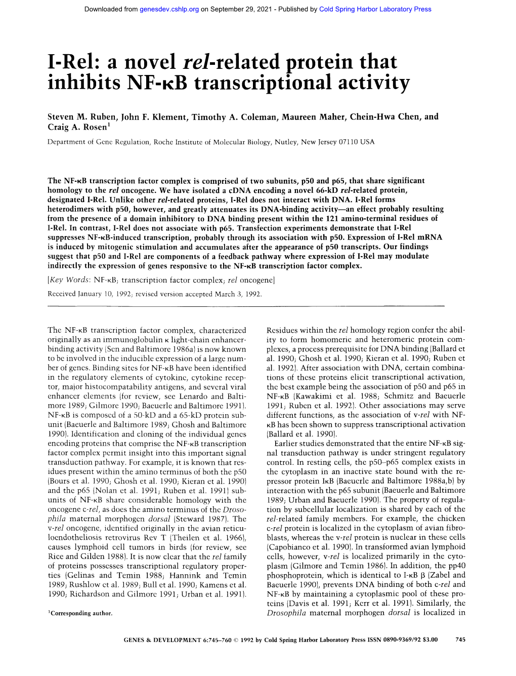 I-Rel: a Novel Rei-Related Protein That Inhibits NF-KB Transcriptional Activity