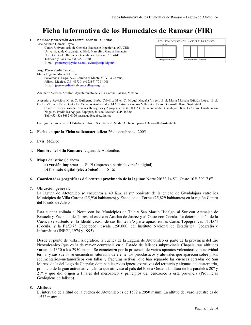 Ficha Informativa De Los Humedales De Ramsar (FIR)