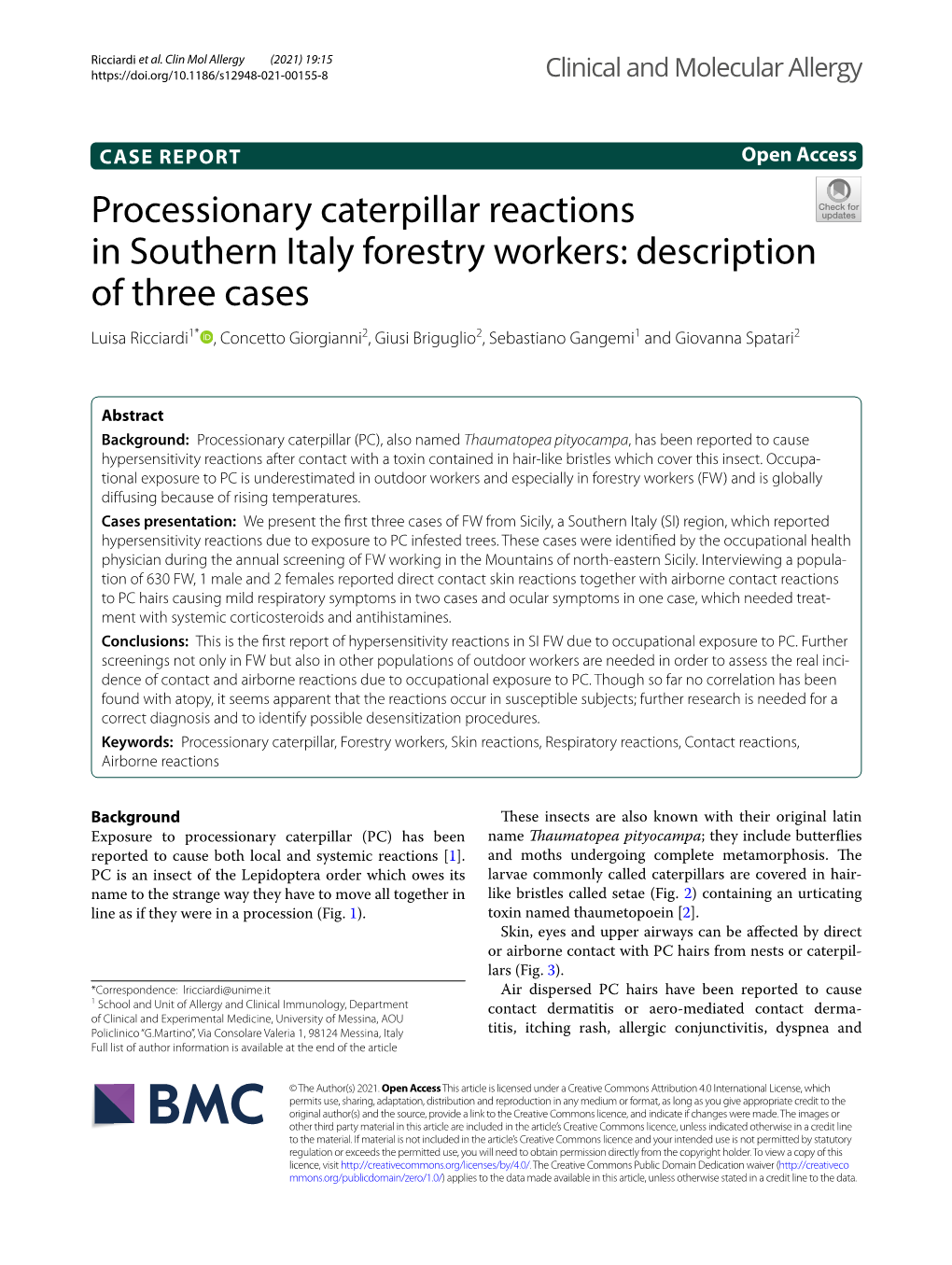 Processionary Caterpillar Reactions in Southern Italy Forestry Workers: Description of Three Cases