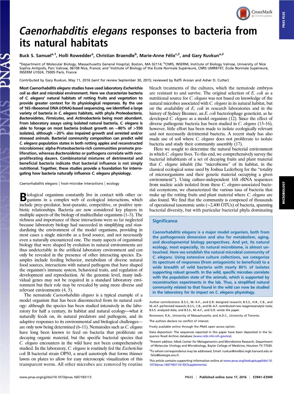 Caenorhabditis Elegans Responses to Bacteria from Its Natural Habitats