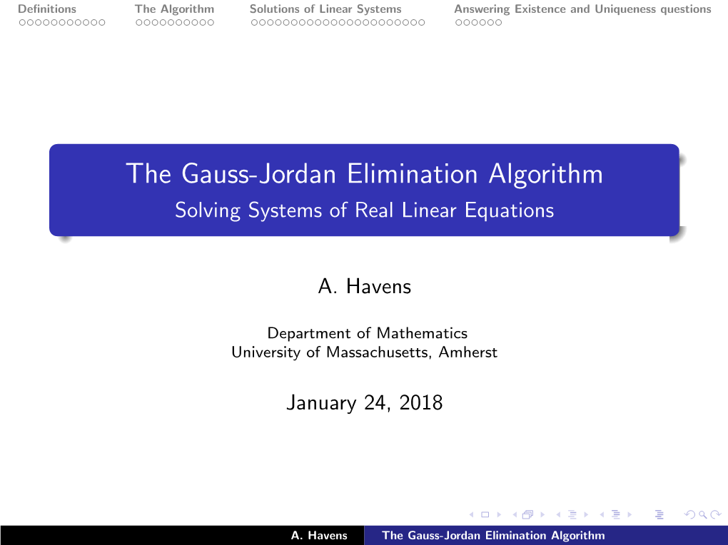 The Gauss-Jordan Elimination Algorithm Solving Systems of Real Linear Equations