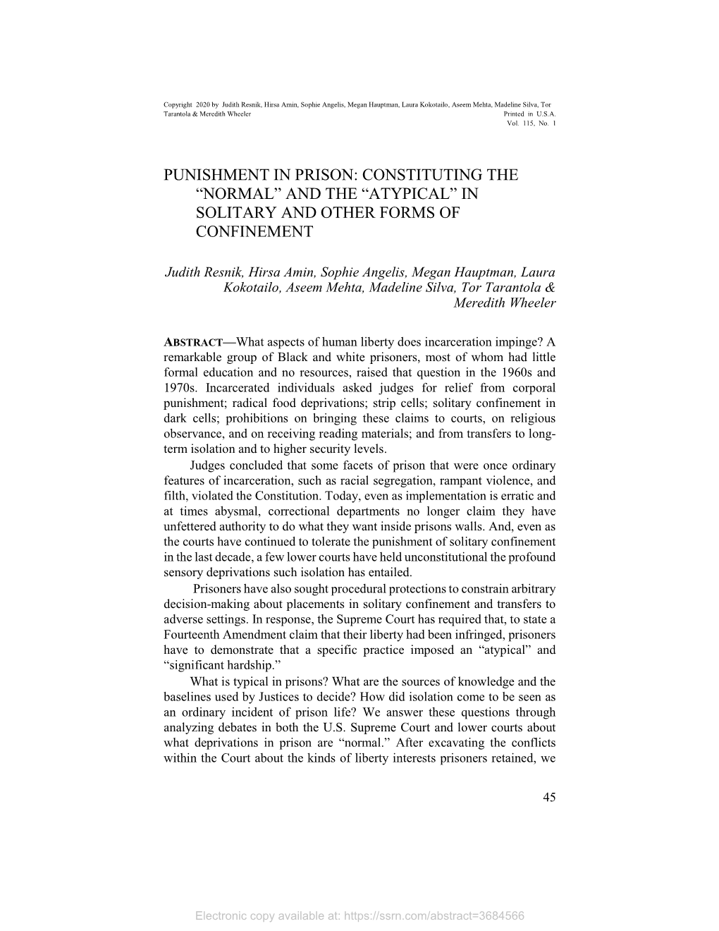 Punishment in Prison: Constituting the “Normal” and the “Atypical” in Solitary and Other Forms of Confinement