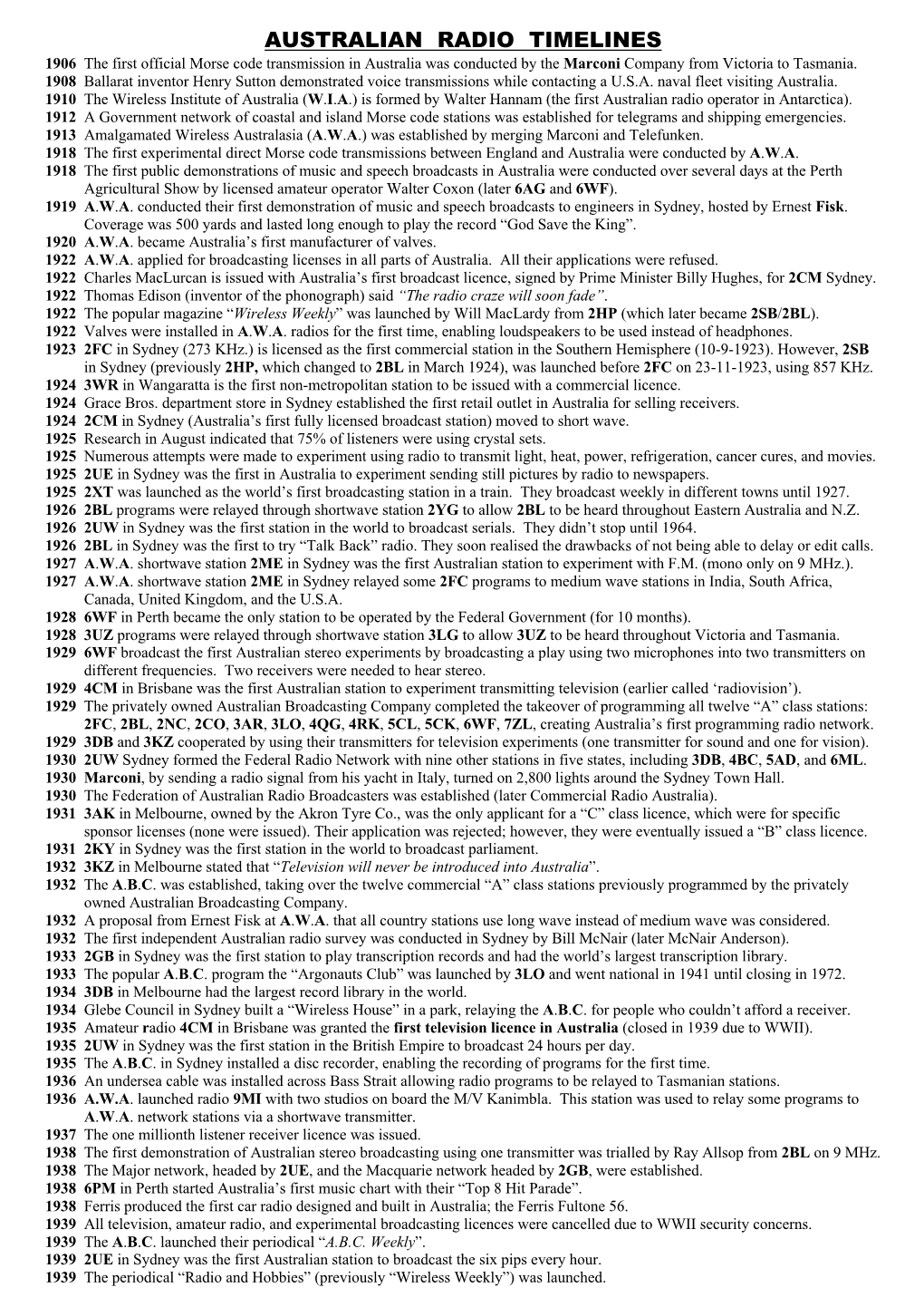 AUSTRALIAN RADIO TIMELINES 1906 the First Official Morse Code Transmission in Australia Was Conducted by the Marconi Company from Victoria to Tasmania