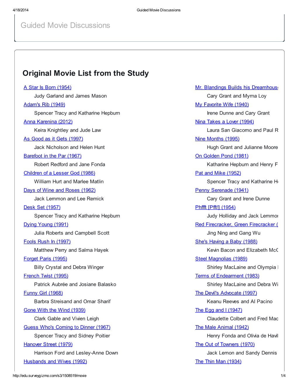 Guided Movie Discussions Original Movie List from the Study