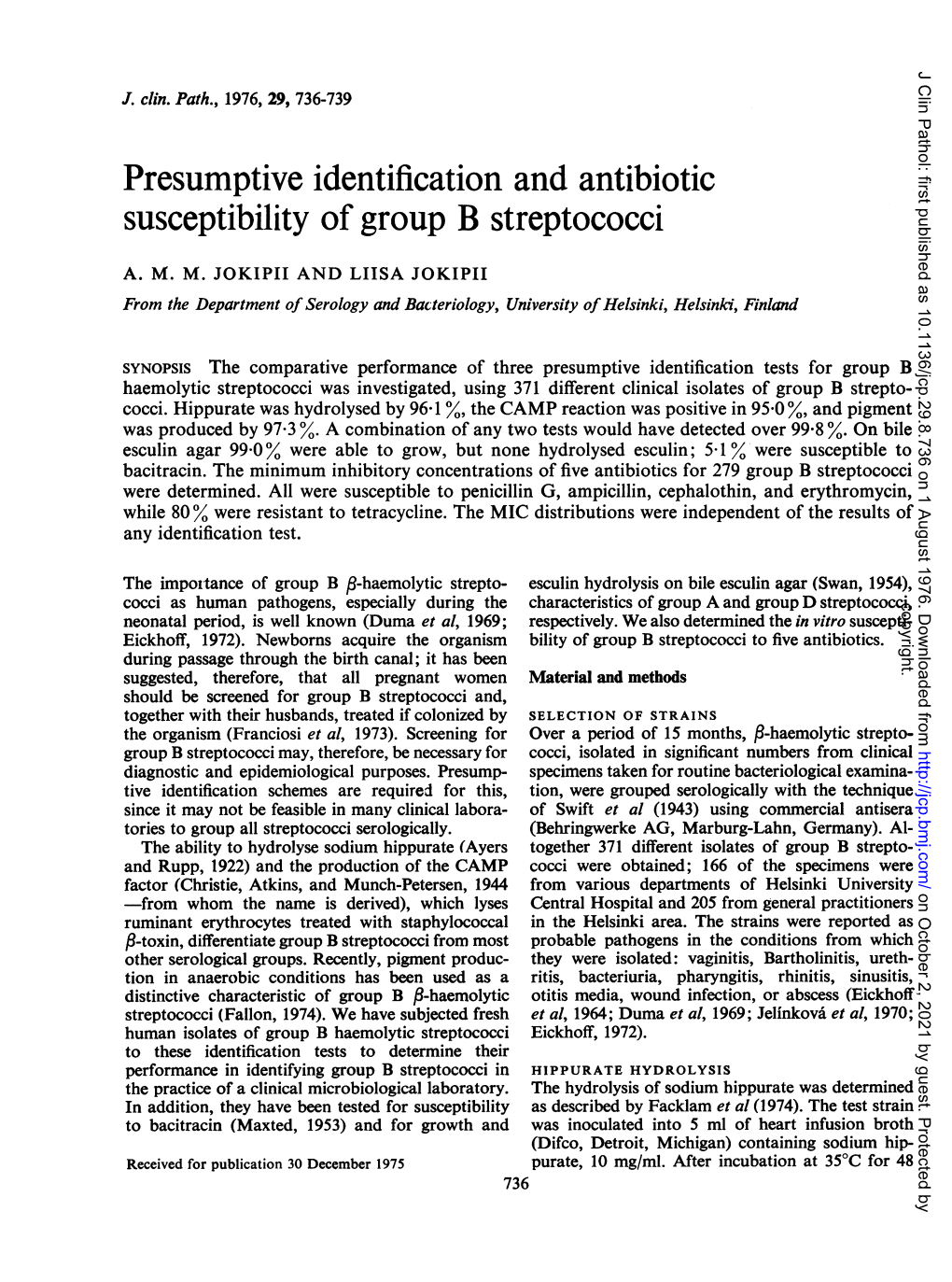 Presumptive Identification Andantibiotic Susceptibility of Group B Streptococci