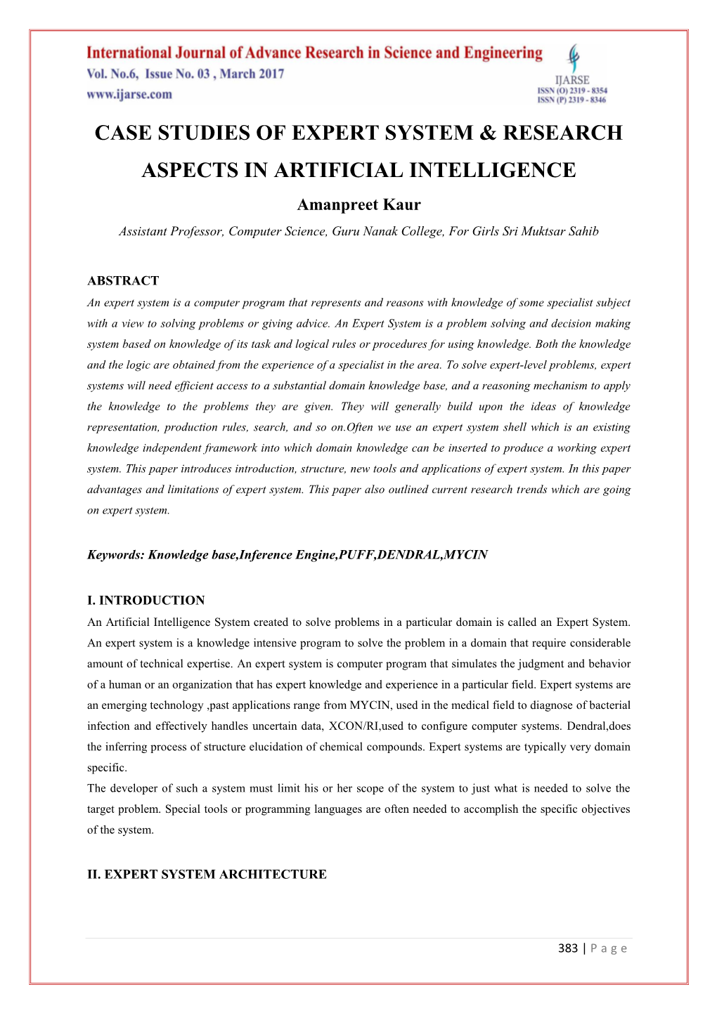 Case Studies of Expert System & Research Aspects in Artificial Intelligence