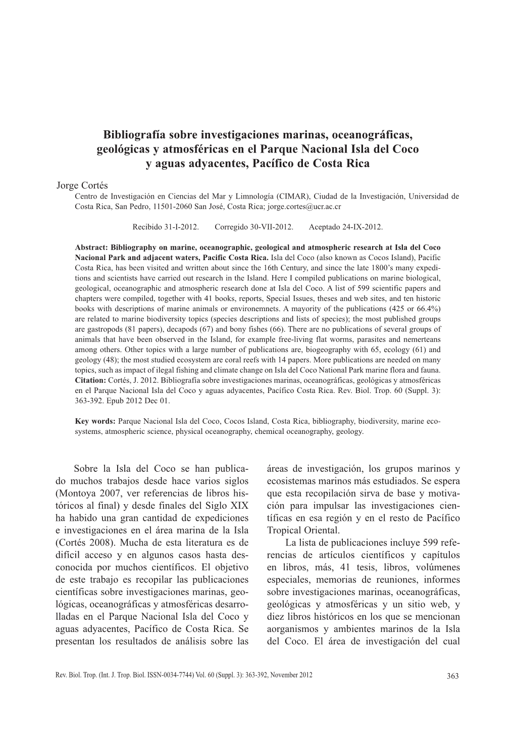 Bibliografía Sobre Investigaciones Marinas, Oceanográficas, Geológicas Y Atmosféricas En El Parque Nacional Isla Del Coco Y Aguas Adyacentes, Pacífico De Costa Rica