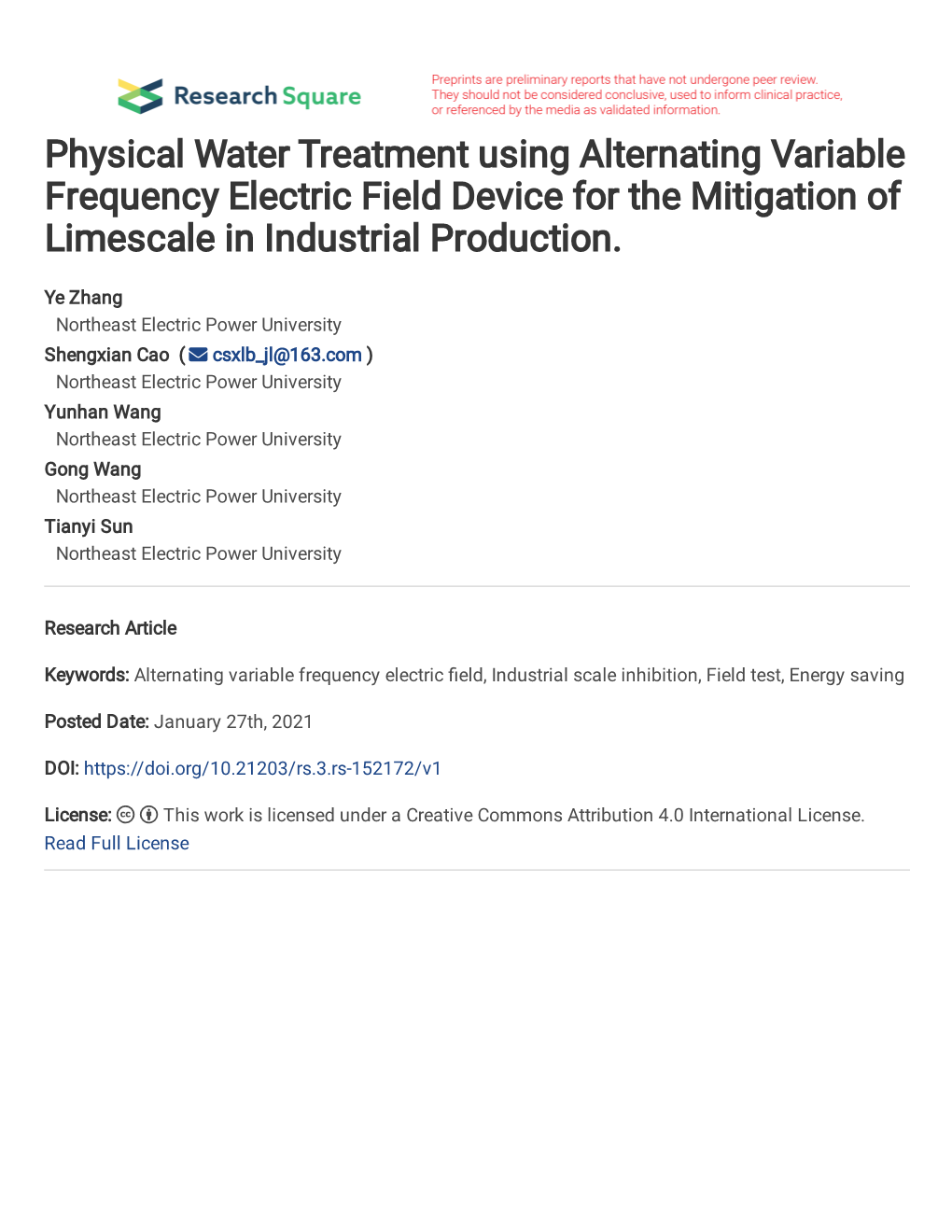 Physical Water Treatment Using Alternating Variable Frequency Electric Field Device for the Mitigation of Limescale in Industrial Production