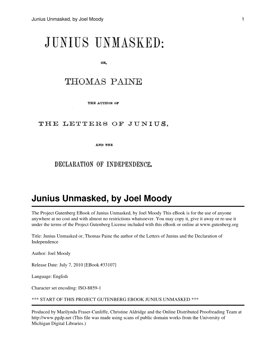 Junius Unmasked, by Joel Moody 1