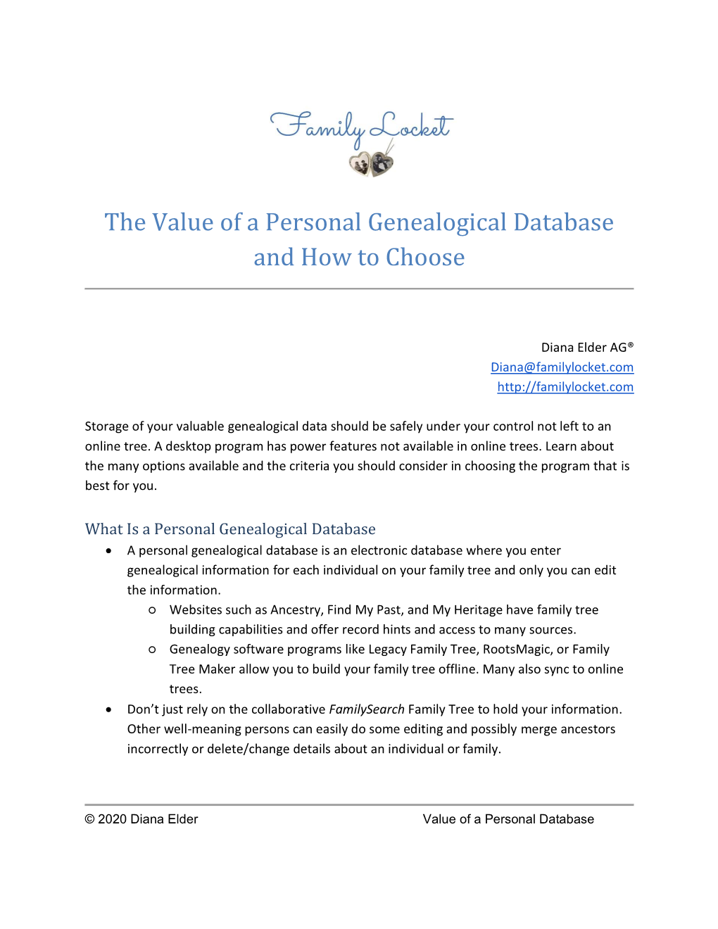 The Value of a Personal Genealogical Database and How to Choose