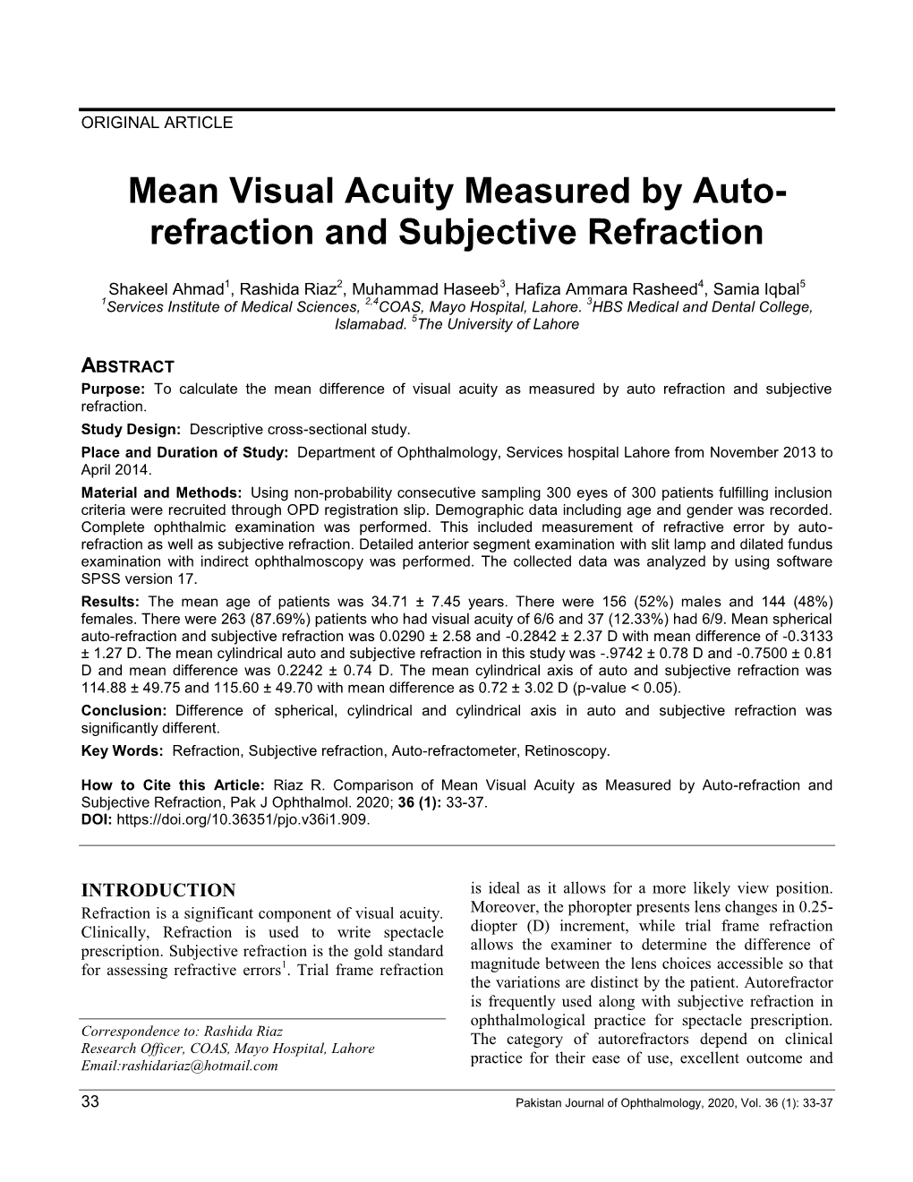 Mean Visual Acuity Measured by Auto- Refraction and Subjective Refraction