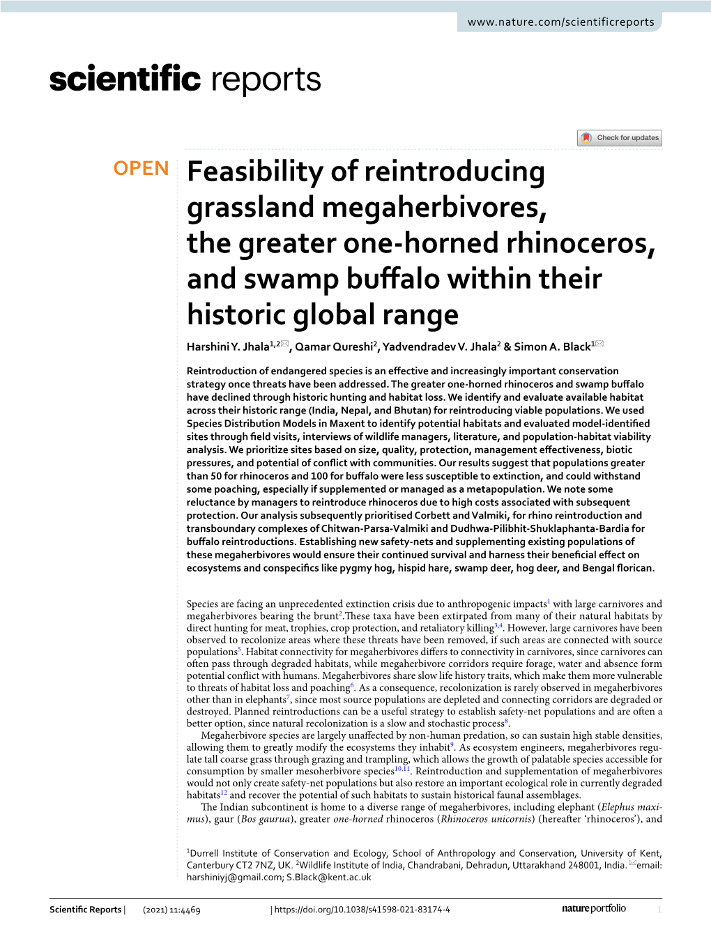 Feasibility of Reintroducing Grassland Megaherbivores, the Greater One‑Horned Rhinoceros, and Swamp Bufalo Within Their Historic Global Range Harshini Y