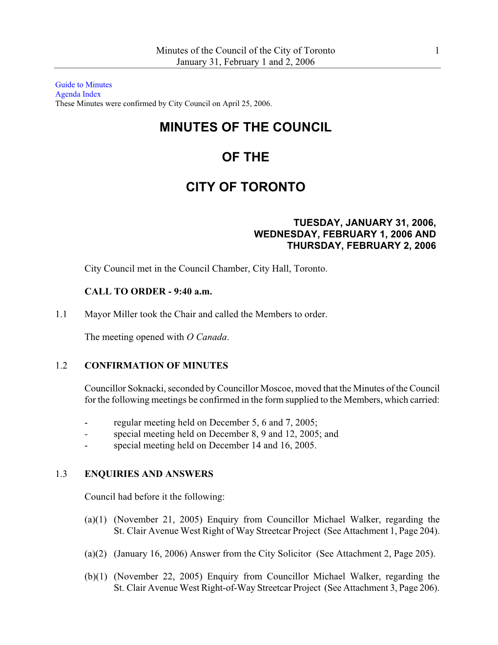 Minutes of the Council of the City of Toronto 1 January 31, February 1 and 2, 2006