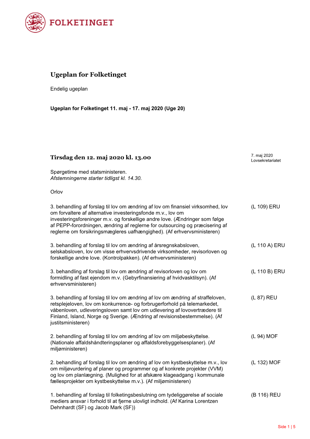 Ugeplan for Folketinget