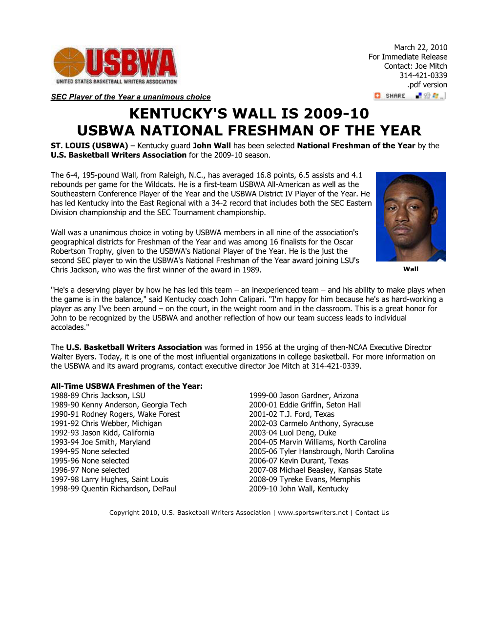 Kentucky's Wall Is 2009-10 Usbwa National Freshman of the Year St