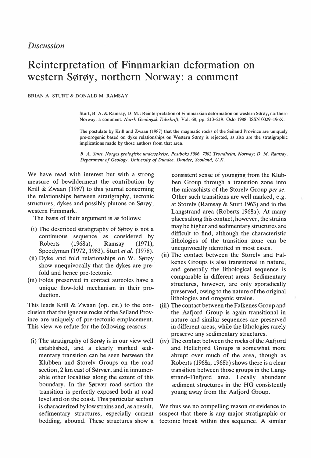 Reinterpretation of Finnmarkian Deformation on Western Sørøy, Northern Norway: a Comment