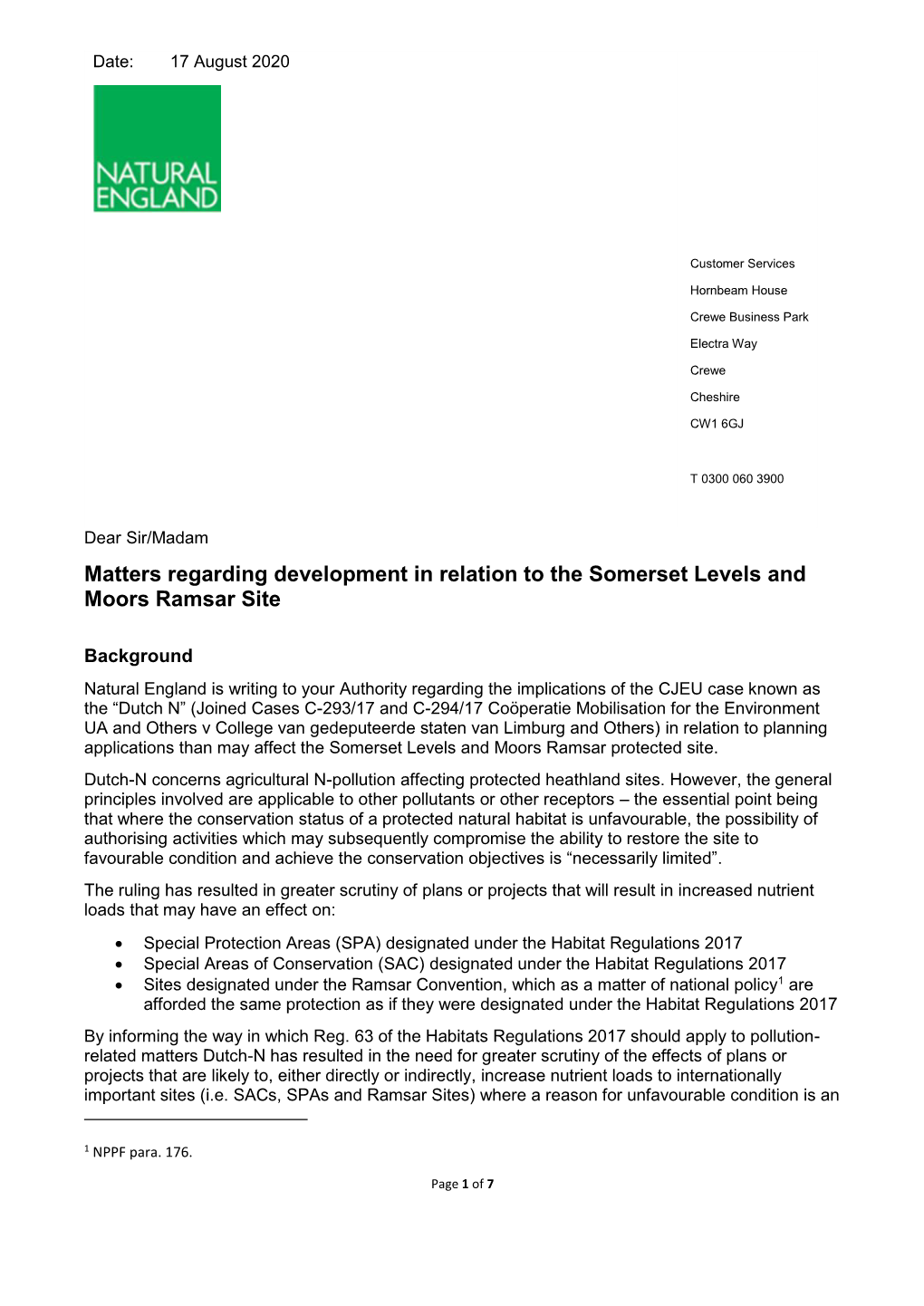 Matters Regarding Development in Relation to the Somerset Levels and Moors Ramsar Site