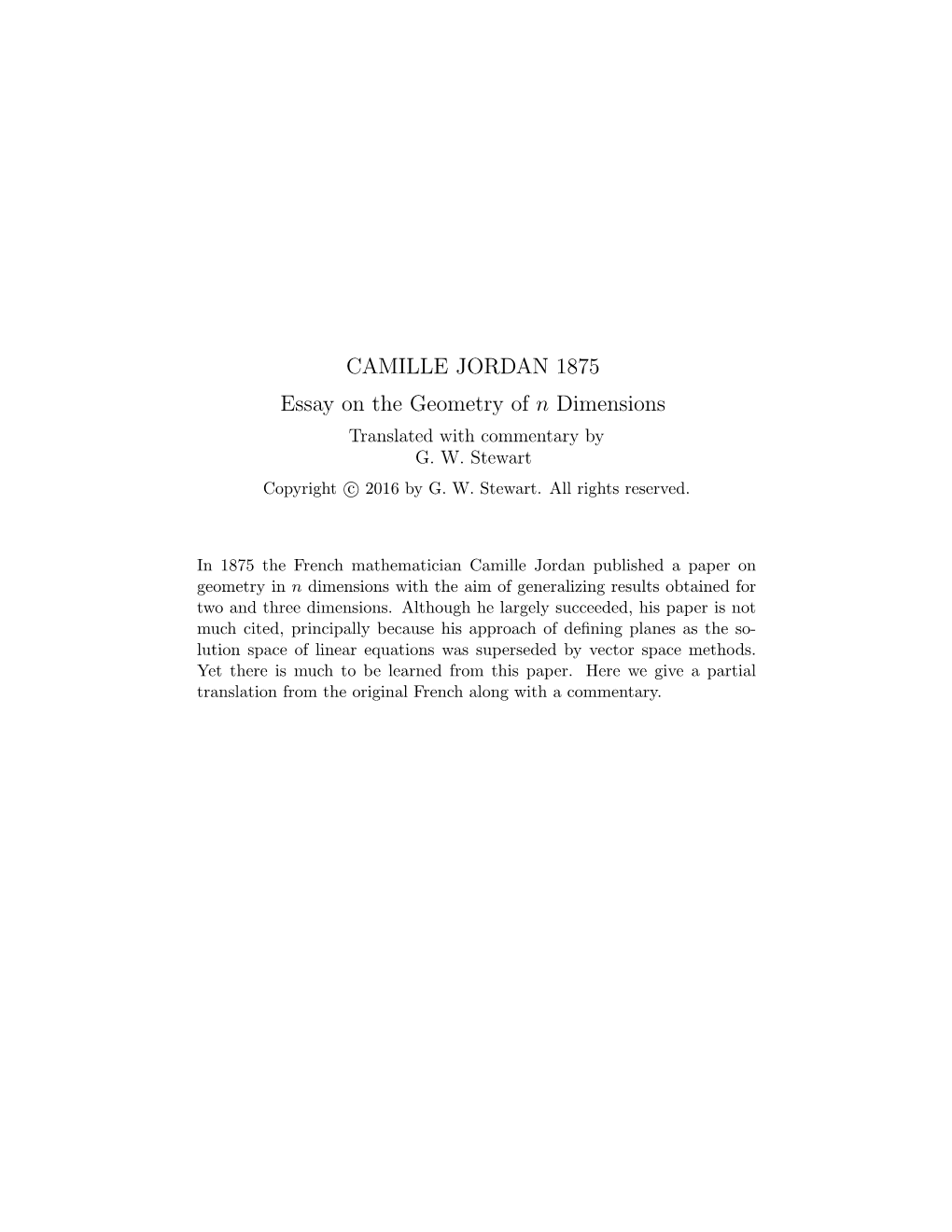 CAMILLE JORDAN 1875 Essay on the Geometry of N Dimensions Translated with Commentary by G