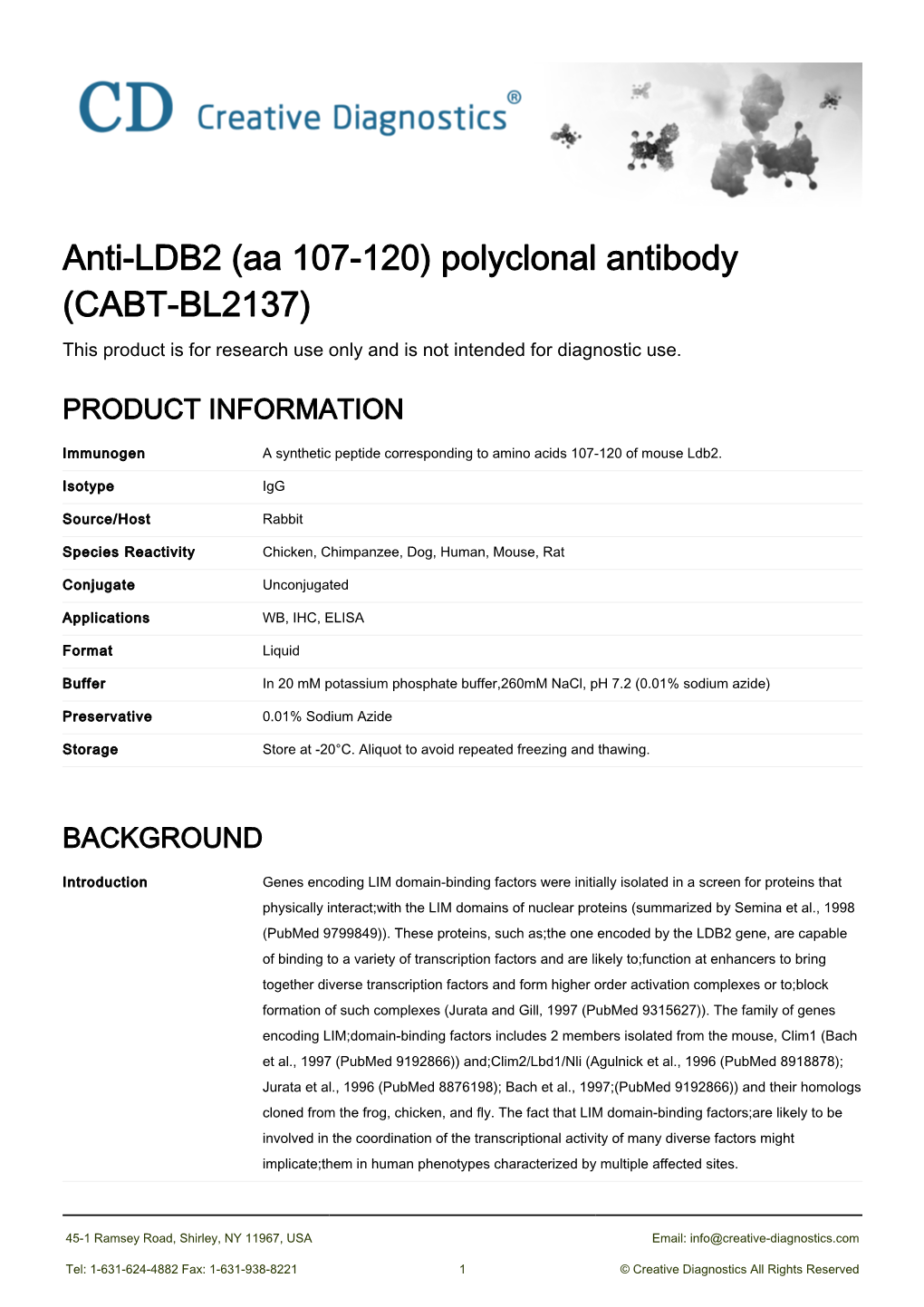 Anti-LDB2 (Aa 107-120) Polyclonal Antibody (CABT-BL2137) This Product Is for Research Use Only and Is Not Intended for Diagnostic Use