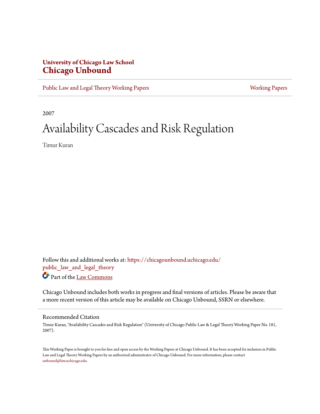 Availability Cascades and Risk Regulation Timur Kuran