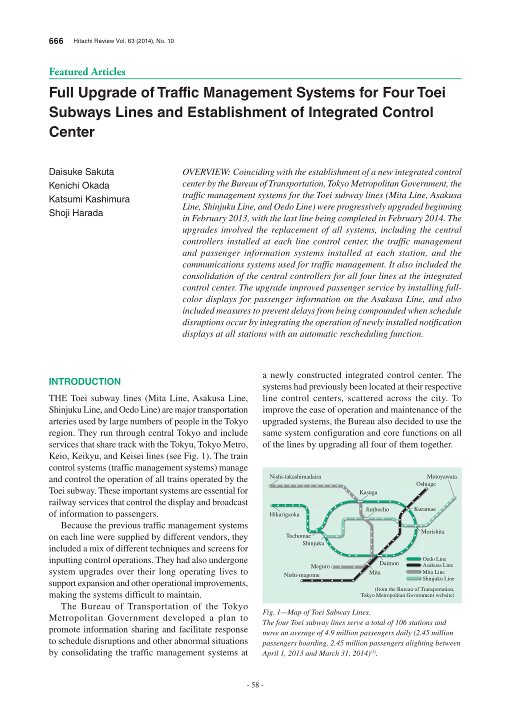 Full Upgrade of Traffic Management Systems for Four Toei Subways Lines and Establishment of Integrated Control Center