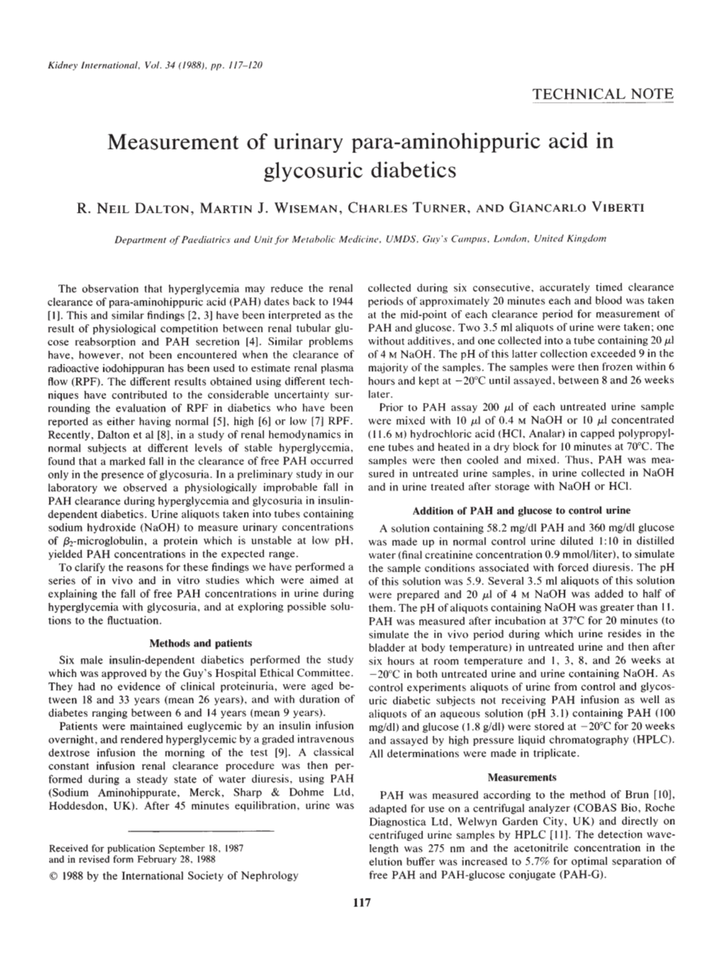 Measurement of Urinary Para-Aminohippuric Acid in Glycosuric Diabetics