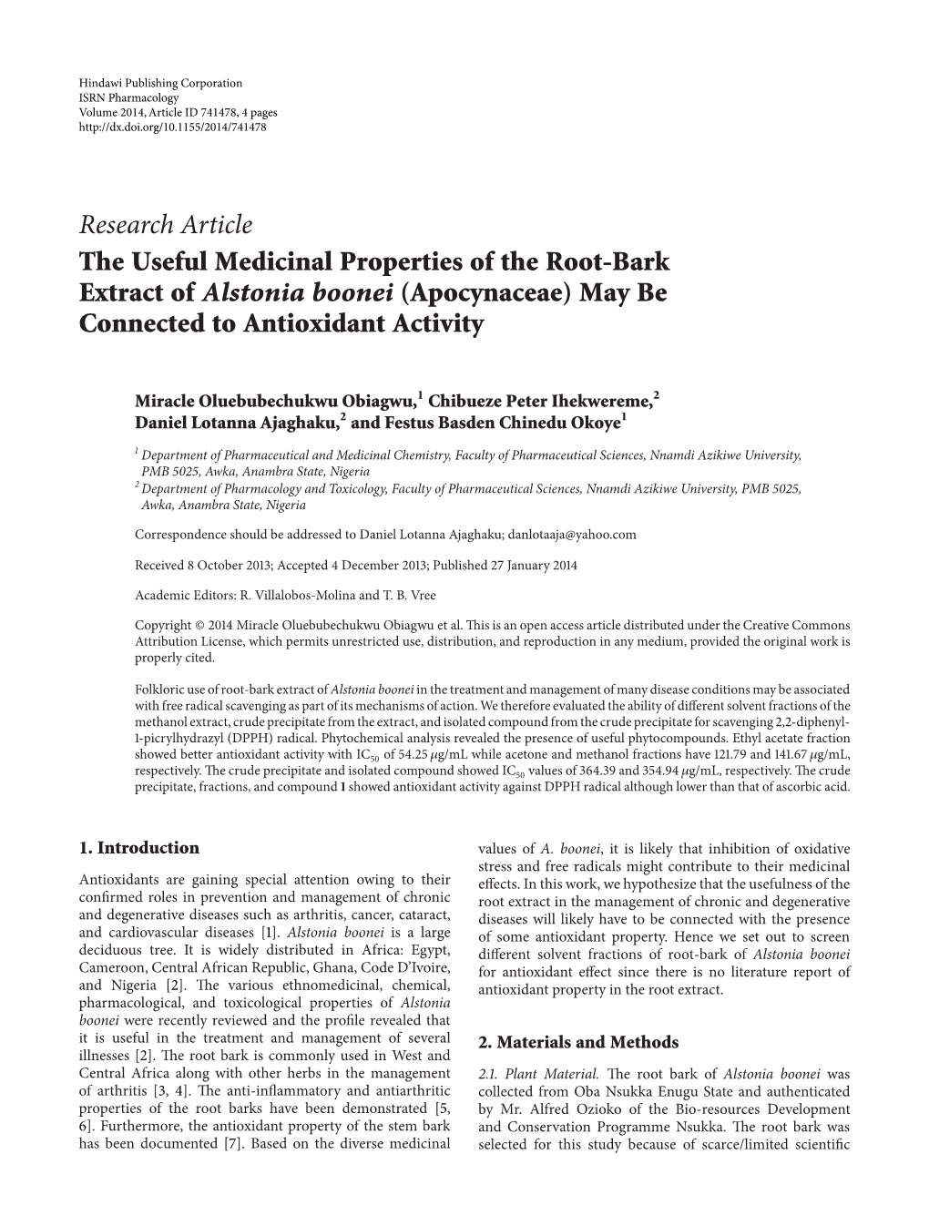 The Useful Medicinal Properties of the Root-Bark Extract of Alstonia Boonei (Apocynaceae) May Be Connected to Antioxidant Activity