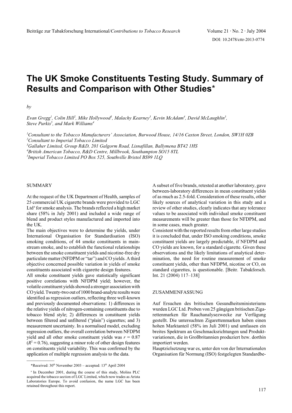The UK Smoke Constituents Testing Study