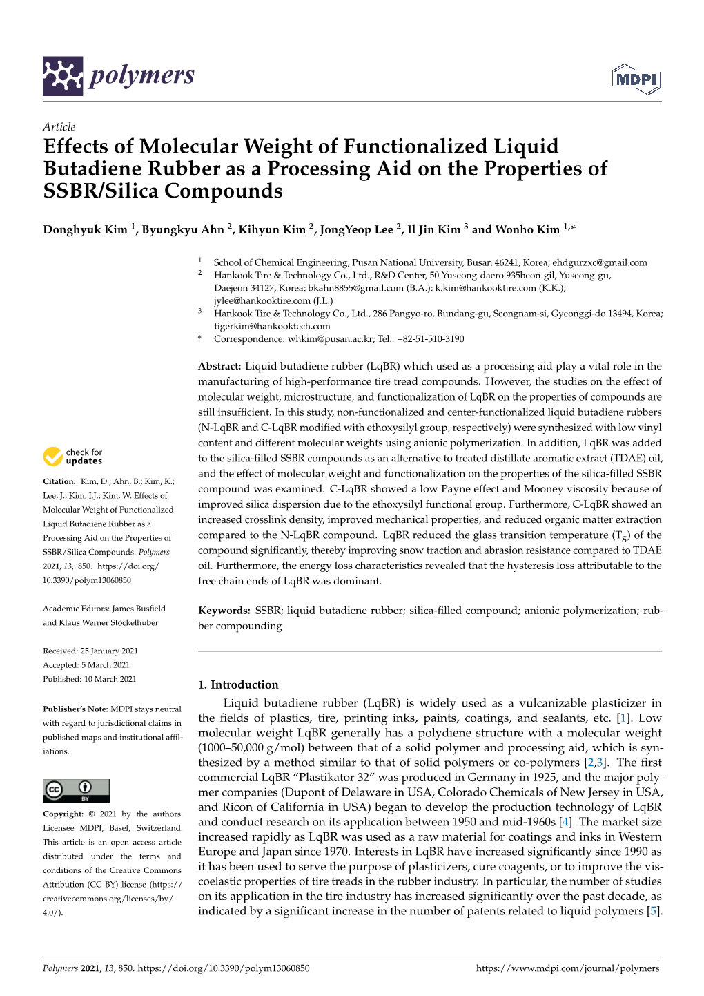 Effects of Molecular Weight of Functionalized Liquid Butadiene Rubber As a Processing Aid on the Properties of SSBR/Silica Compounds