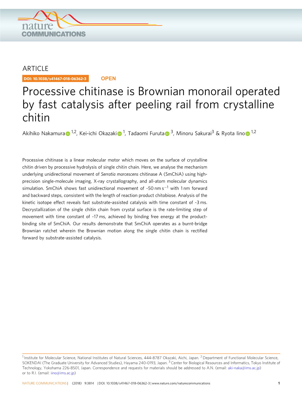 Processive Chitinase Is Brownian Monorail Operated by Fast Catalysis After Peeling Rail from Crystalline Chitin