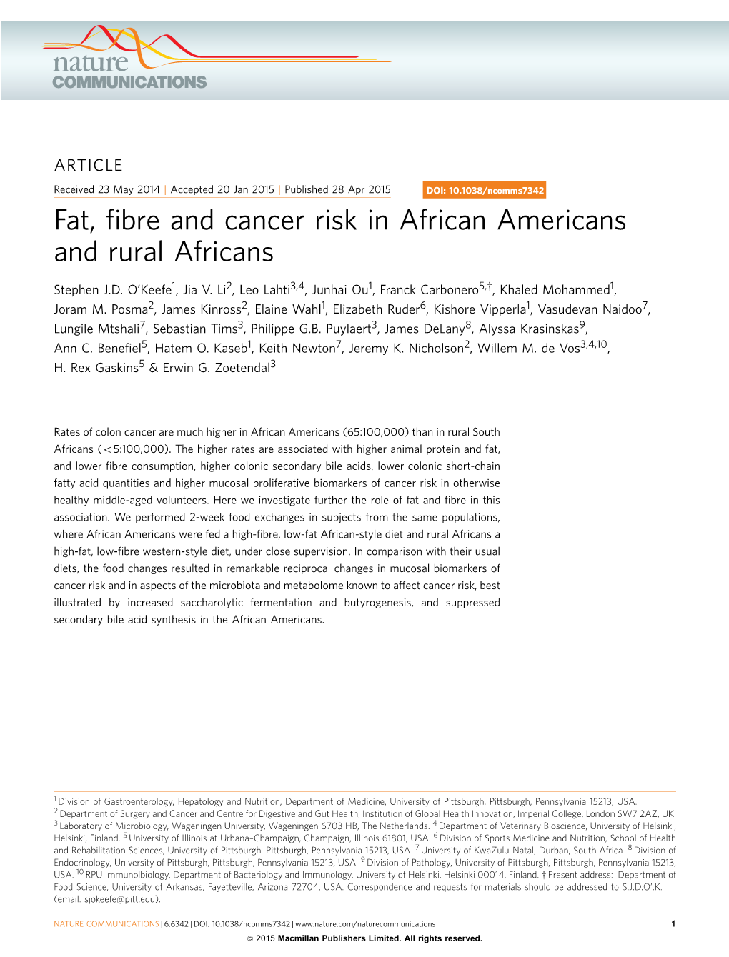 Fat, Fibre and Cancer Risk in African Americans and Rural Africans