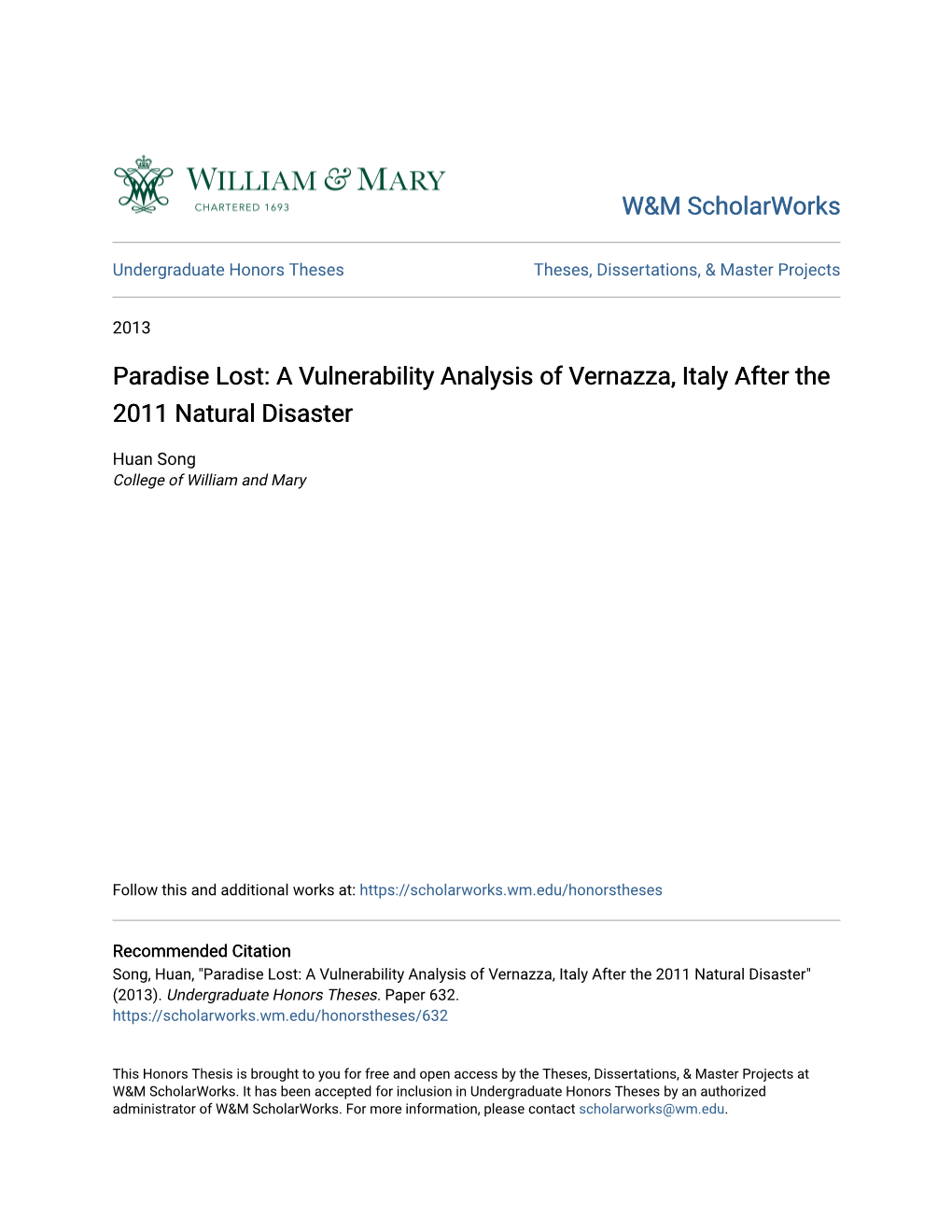 A Vulnerability Analysis of Vernazza, Italy After the 2011 Natural Disaster