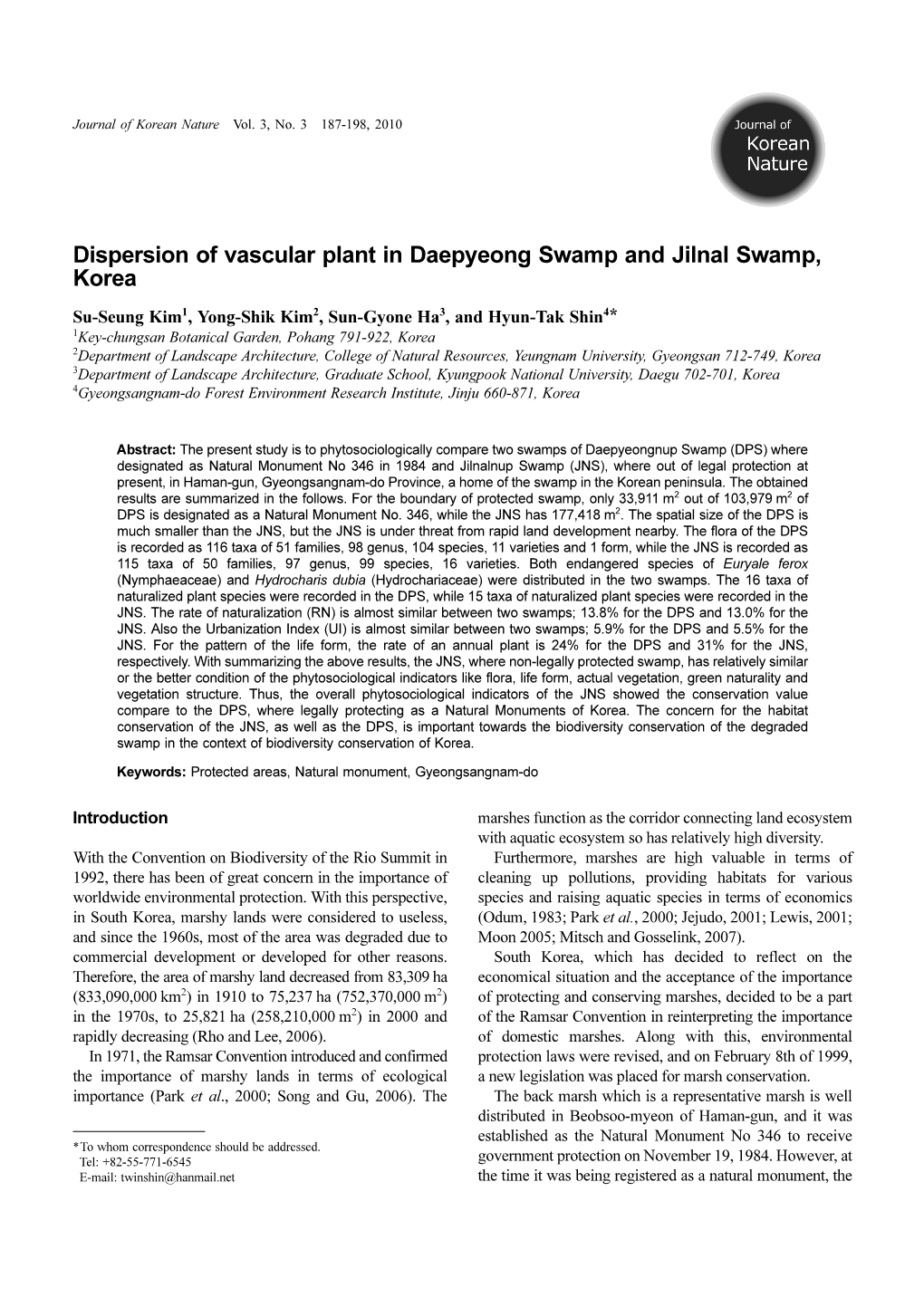 Dispersion of Vascular Plant in Daepyeong Swamp and Jilnal Swamp, Korea