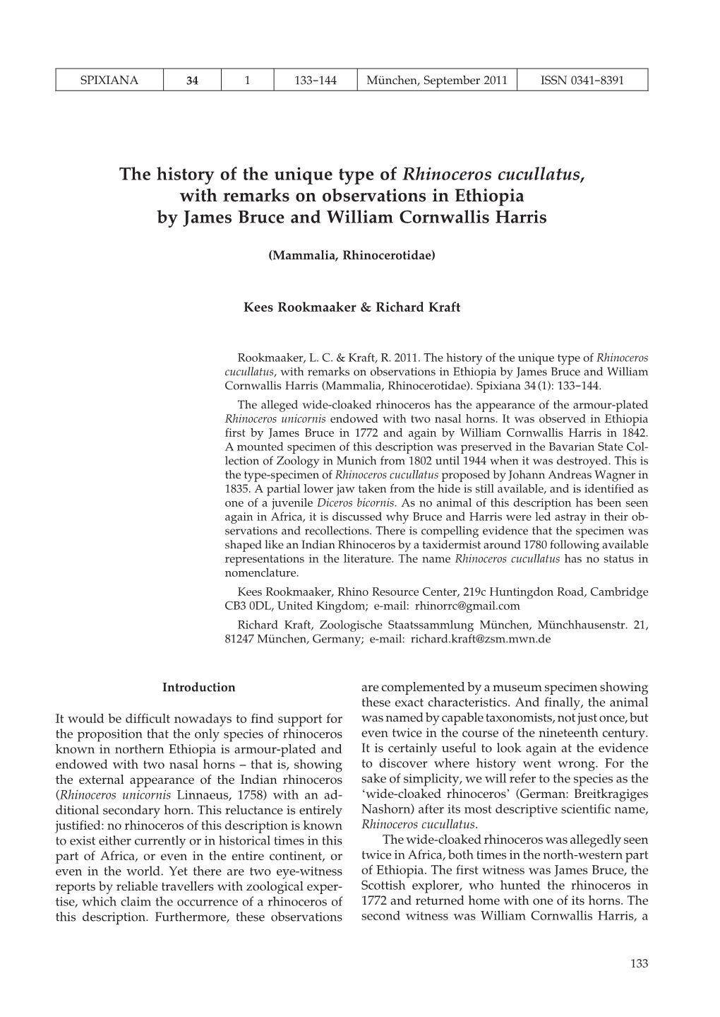 The History of the Unique Type of Rhinoceros Cucullatus, with Remarks on Observations in Ethiopia by James Bruce and William Cornwallis Harris