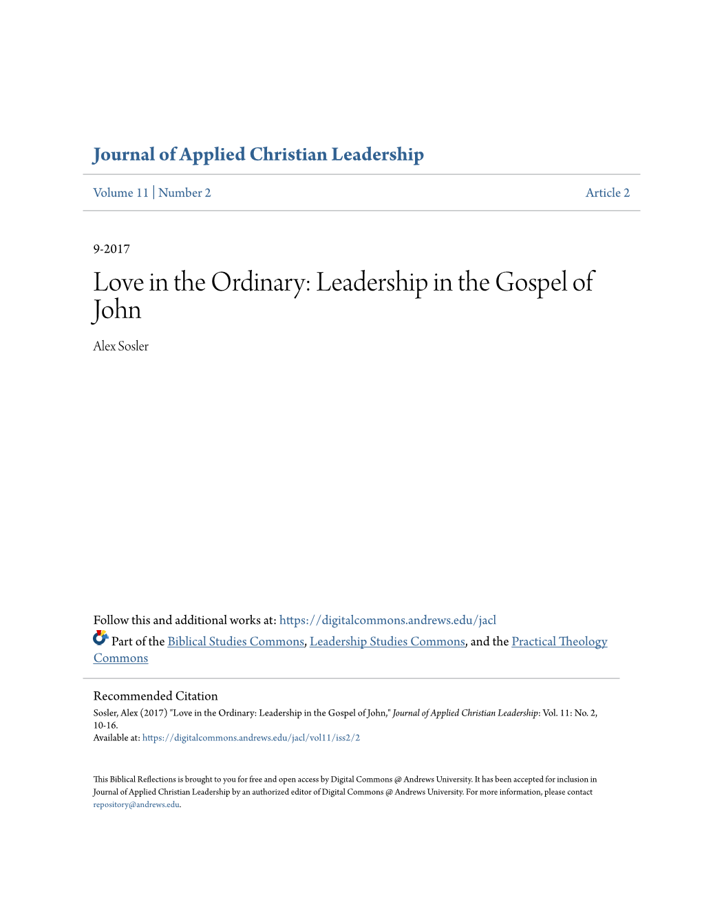 Leadership in the Gospel of John Alex Sosler