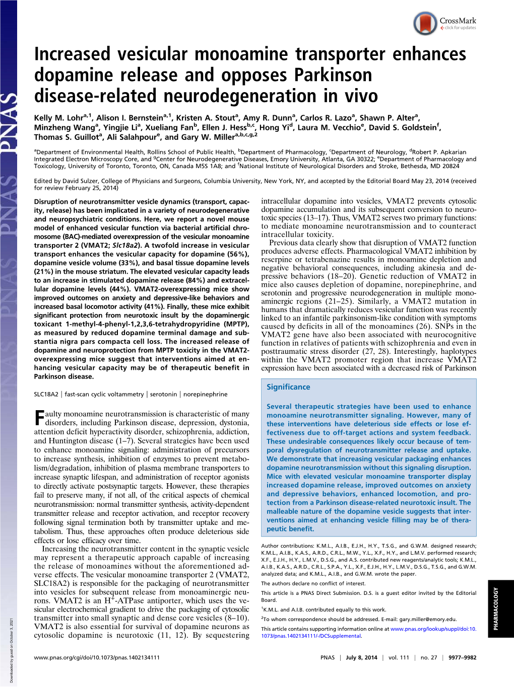 Increased Vesicular Monoamine Transporter Enhances Dopamine Release and Opposes Parkinson Disease-Related Neurodegeneration in Vivo