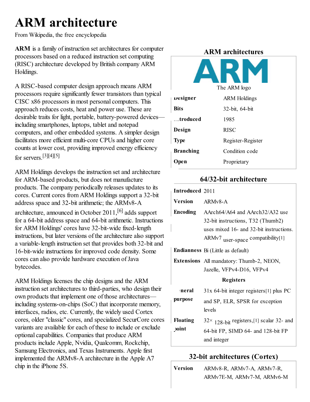 ARM Architecture from Wikipedia, the Free Encyclopedia