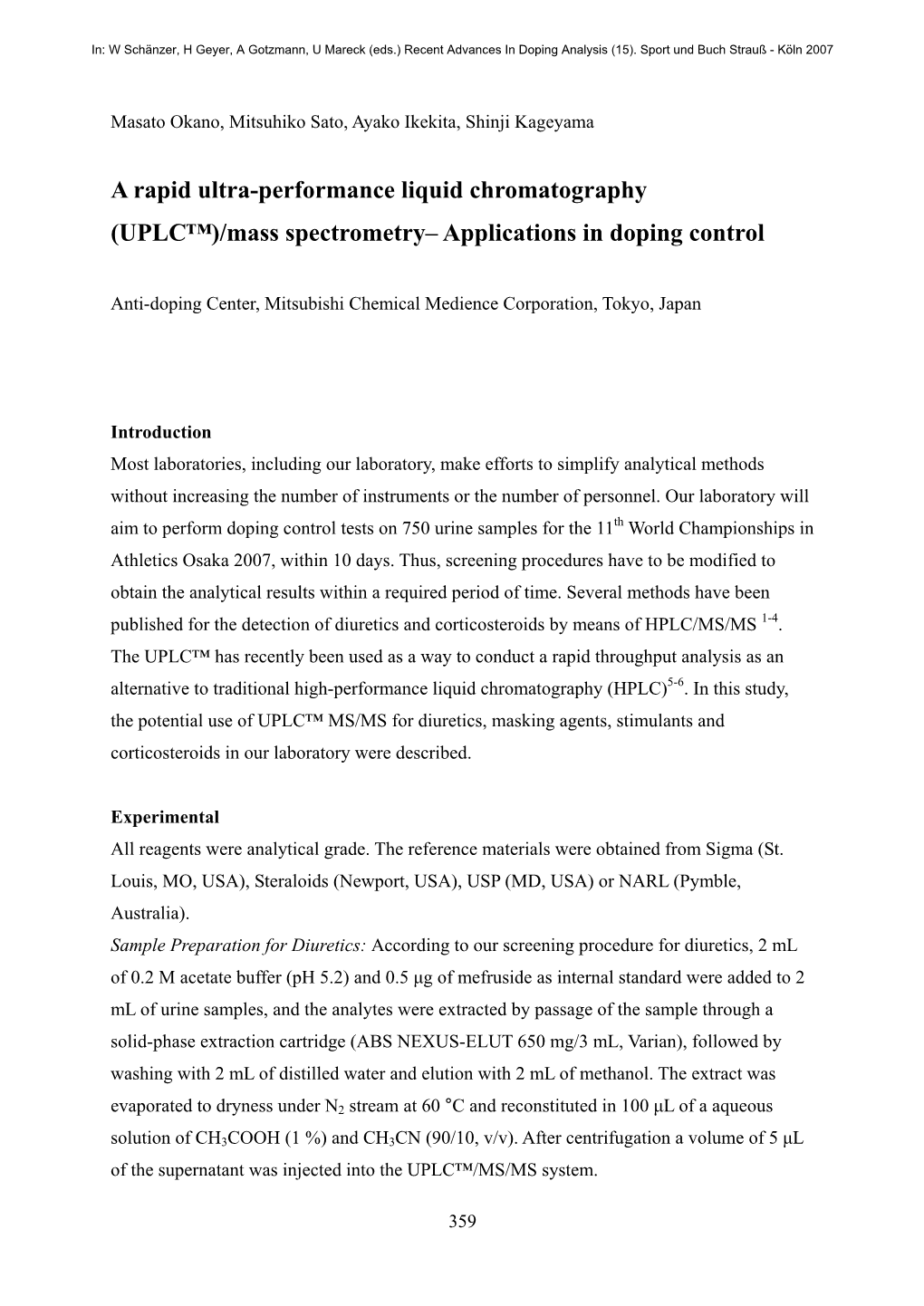 (UPLC™)/Mass Spectrometry– Applications in Doping Control